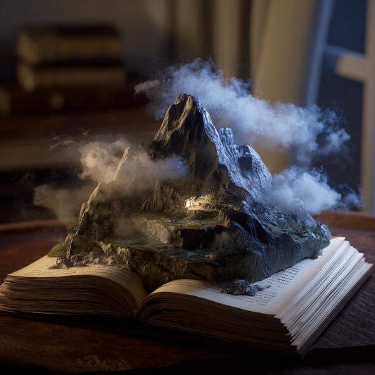 A Story book with a realistic smoke filled mountain emerging from the open pages.